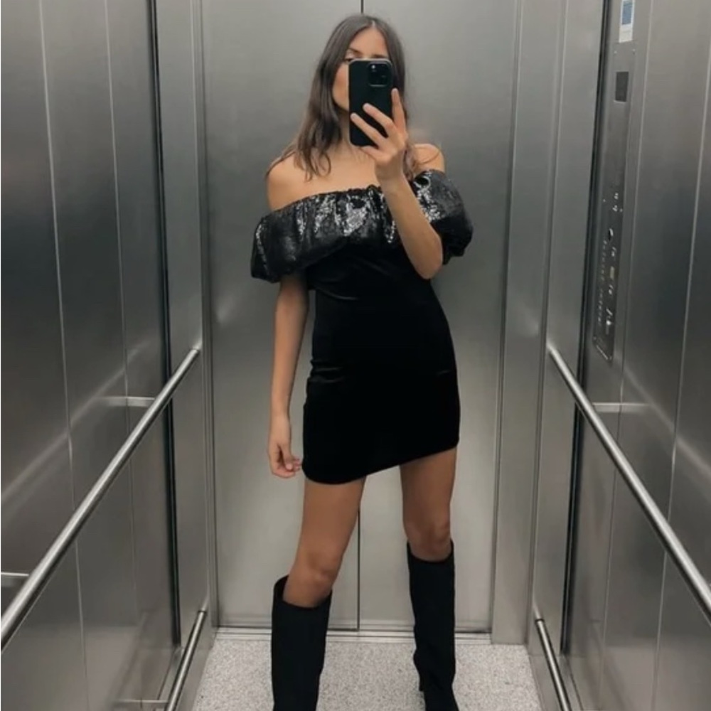 ZARA - Black Sequin Off-Shoulder Dress